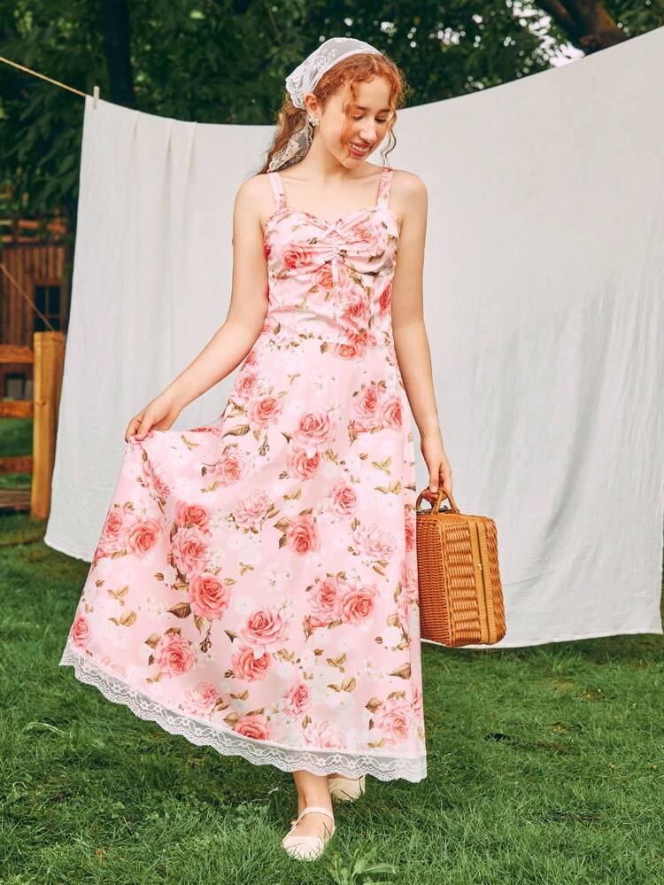 Teen Girl Summer Floral Print Contrast Lace Hem Vintage Dress With Spaghetti Straps