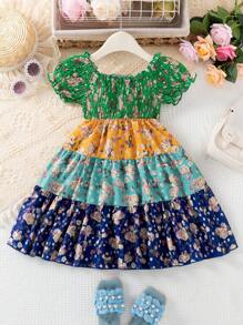 SHEIN Young Girl Holiday Style And Cute Splicing Floral Digitally Printed Short Sleeve Dress, Children Seasonal Warm Vacation Spring And Summer - Multicolor - View 2
