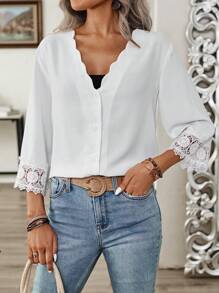 SHEIN LUNE 蕾絲邊波浪領口分裂式下擺休閒女士夏季衫 - 白色 - 查看 5