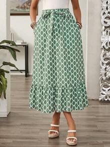 EMERY ROSE Sommer/Frühling Lässig Urlaubs grüne geometrische gemusterte Damen Ballonrock mit Trägern - Grün - Übersicht 7