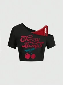 ROMWE Kawaii Women's Asymmetrical Neck 2 In 1 Lace Cherry Printed Cute T-Shirt, School - Multicolor - View 1