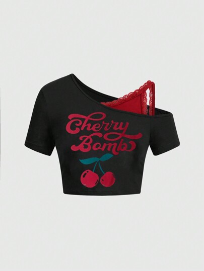 Kawaii Camiseta linda con cuello asimétrico y 2 en 1 con encaje y estampado de cerezas, para la escuela