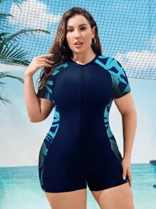 Swim Lushoire Plus Size One-Piece Sporty Style Zipper Short Sleeve High Neck Beach Vacation Swimsuit Summer