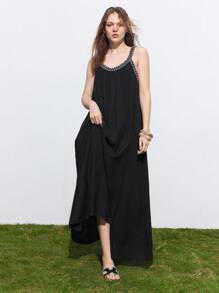 Maija Vestido simple de tirantes para uso diario de mujer - Negro - Ver 1