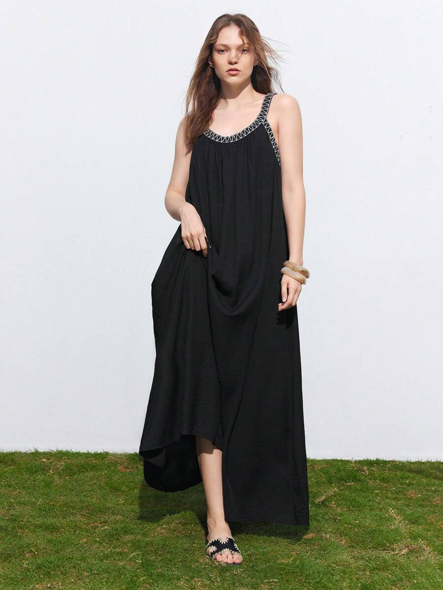 Maija Vestido simple de tirantes para uso diario de mujer - Negro - Ver 1