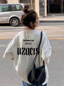 Women's Casual Slogan Print Round Neck Drop Shoulder T-Shirt, Summer