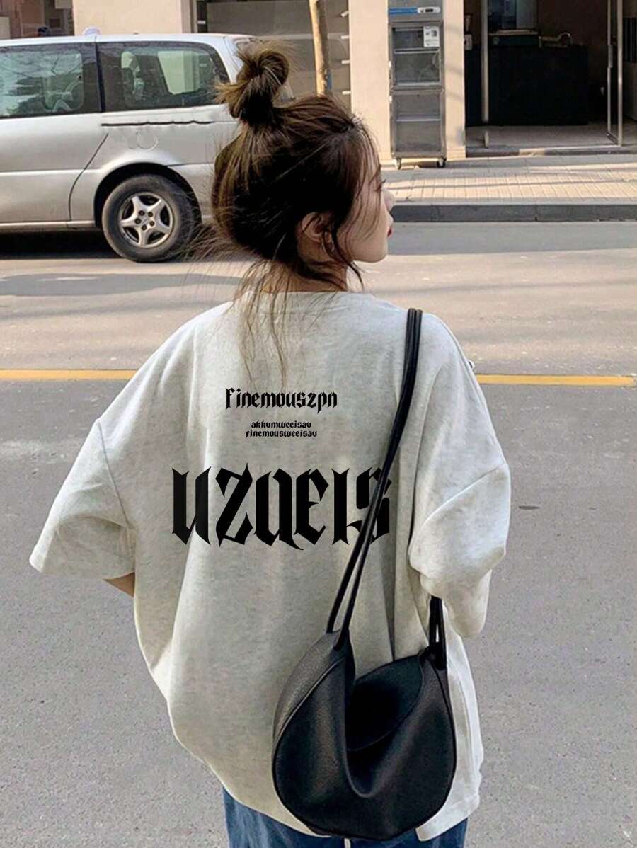 Women's Casual Slogan Print Round Neck Drop Shoulder T-Shirt, Summer