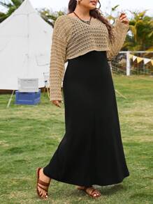 SHEIN Essnce Plus Size Women's Summer Leisure Vacation Country Concert Outfit Beach Sunscreen Two-Piece Set,Summer Two Piece Outfits,Summer Clothes,Summer Co Ord,Summer Women Clothes,Beach Women Dresses - Brown - View 3