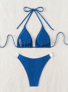 SHEIN Swim Women Solid Color Halter Neck Sexy Two-Piece Bikini Set For Vacation Summer