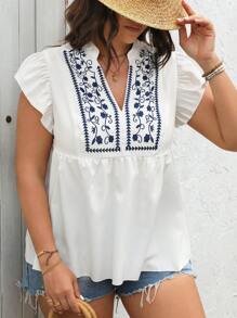 SHEIN Holidaya Áo sơ mi có cổ thêu cỡ lớn có viền xếp nếp cho trang phục thường ngày và kỳ nghỉ - trắng - Xem 4