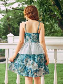 SHEIN Teenager-Mädchen Kleid im Vintage-Stil mit Blumenmuster, Spaghettiträgern und Mesh-Kontrast - Blau - Übersicht 2