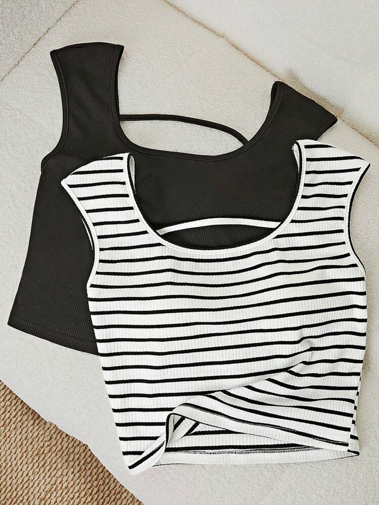Women's Summer Striped And Solid Color Casual Round Neck Tank Tops (2pcs/Set)