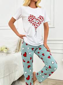 RueChic 2 pièces/Ensemble pyjama pour femmes avec haut imprimé cœur et bas de pyjama imprimés de cœur contrastants