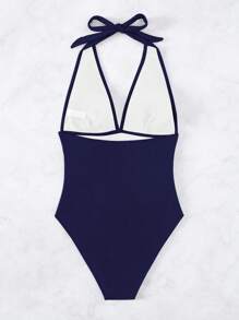 Swim Chiccia Solid Color One-Piece Swimsuit With Ruched Detailing And Halter Neckline, Ideal For Vacation & Beach,Summer Beach - Navy Blue - View 4