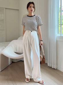 Dazy-Less Women's Colorblock Plaid Short Sleeve T-Shirt Old Money Style Summer Business Casual Woman Work Clothes - Khaki - View 2