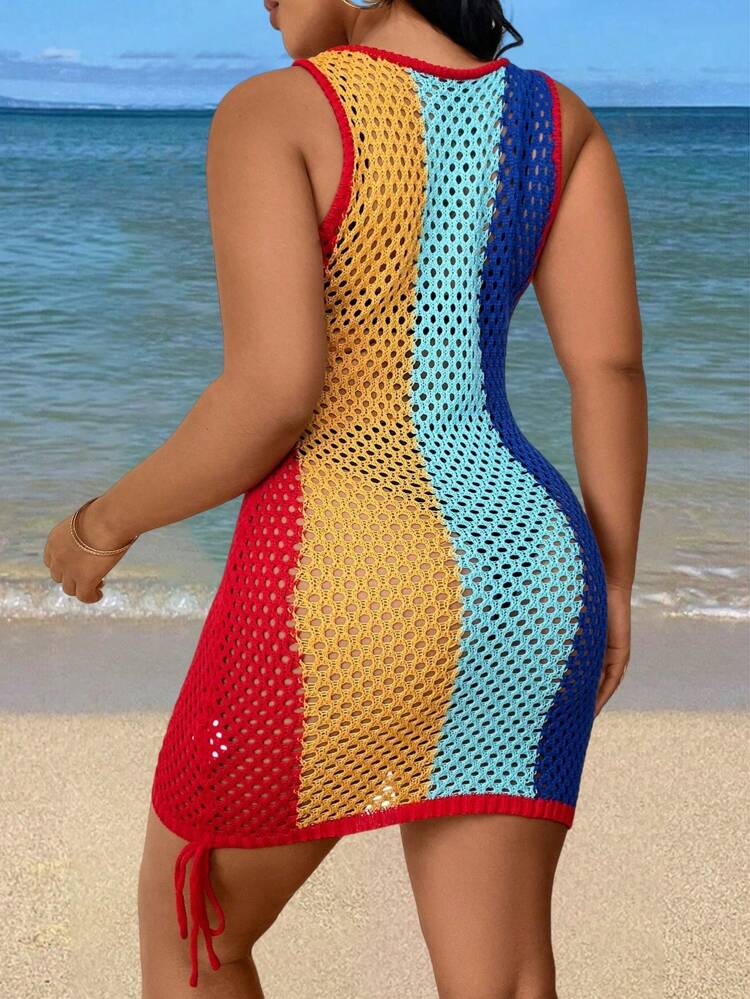 Plus Size Hollow Out Knitted Bodycon Sleeveless Sweater Dress In Colorblock Design For Beach Vacation
