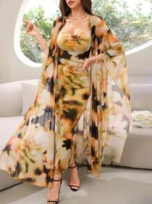Modelyn Ladies' Random Printed Shawl Coat Dress Two-Piece Suit 2 Pieces Set - Gold - View 3