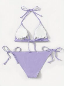 Swim Mod Women's Solid Color Halter Neck Bikini Set With Sexy Cutout, Beach Vacation,Summer Beach - Mauve Purple - View 2