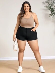 SHEIN CURVE+ Shorts Sensuais de Verão em Cor Sólida com Elástico e Caimento Justo em Denim para Tamanhos Grandes - Preto - Ver 3
