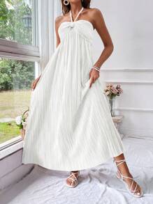 SHEIN VCAY 褶皺露背扭結連衣裙 - 白色 - 查看 6