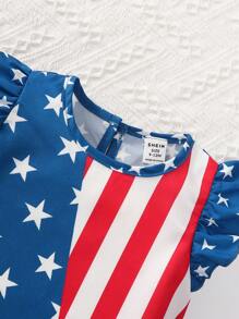 Baby Girl 4th Of July Outfit Star & Striped Printed Round Neck Top With Ruffled Sleeve For Casual Spring Summer - Blue - View 3