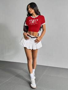 SHEIN EZwear Summer Casual Blue & White Colorblock Compression T-Shirt For Sports Enthusiasts - Red - View 5