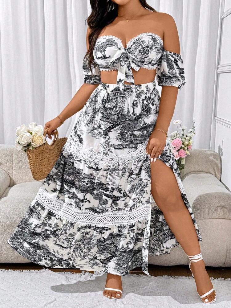 Holiday Style Floral Print Off Shoulder Tie Front Top With Lace Trim + Slit Skirt 2-Piece Set