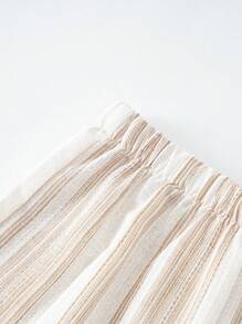 SHEIN LMoss Kids LMoss 年轻女孩编织条纹背心和宽松休闲裤套装 - 杏色 - 查看 10