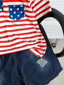 Teen Boy American Flag Polo Shirt And Denim Shorts Casual 2-Piece Set 4th Of July Outfits - Multicolor - View 4