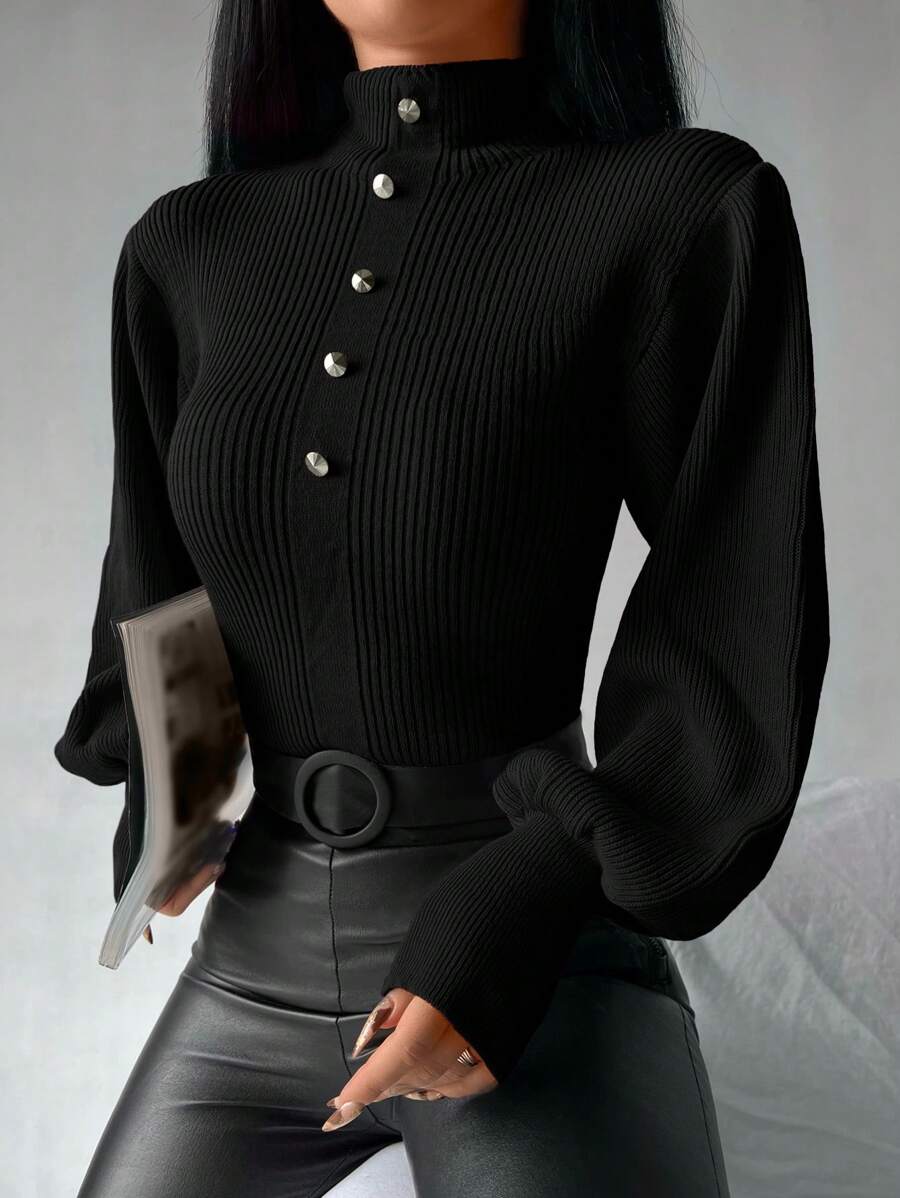 EURMUSE Jersey de cuello alto de manga farol - Negro - Ver 1
