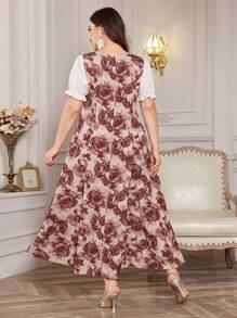 Modelyn Plus Size Women's Elegant Puff Sleeve Printed Summer Dress
