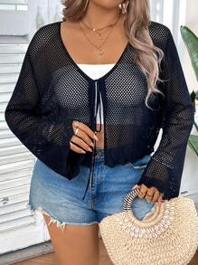 SHEIN VCAY Plus Size Women's Vacation Crop Cardigan Top - Black - View 1