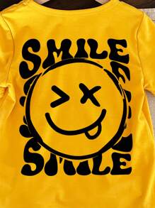 SHEIN Leap Crew 男婴休闲卡通笑脸印花短袖上衣，夏季