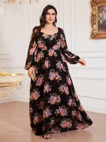 Plus Size Floral Print Lantern Sleeve Dress, Suitable For Vacation - Black - View 1