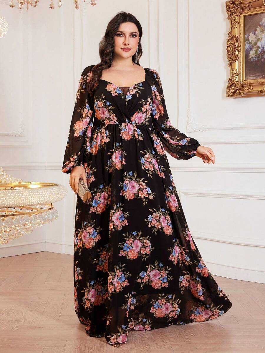 Plus Size Floral Print Lantern Sleeve Dress, Suitable For Vacation - Black - View 1