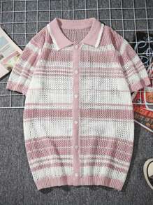 Manfinity Hypemode Áo sơ mi nam màu hồng Áo sọc đơn ngực ngắn tay dệt kim hàng đầu cho mùa hè - Nhiều màu - Xem 5