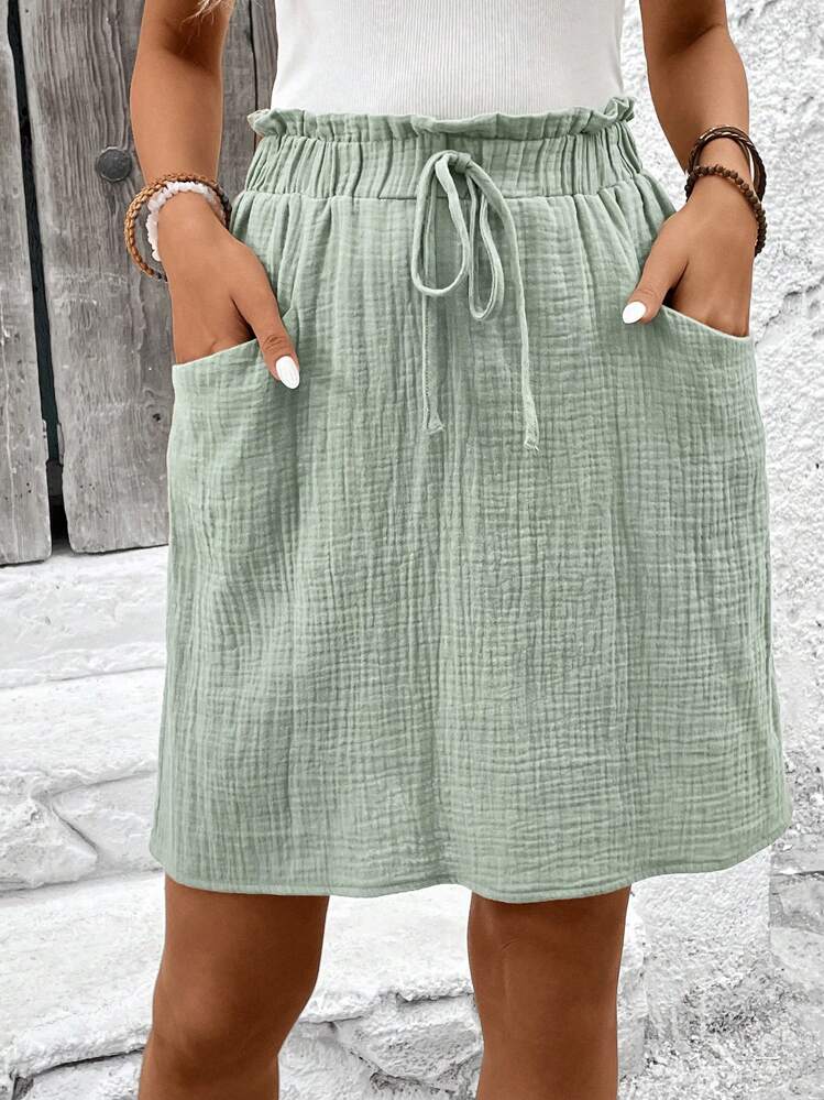 SHEIN LUNE Ladies' Summer Skirt With Frill Trim, Elastic Waistband And Double Pockets,Casual - Green - View 7