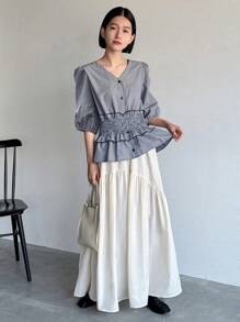 FRIFUL Women Striped V-Neck Lantern Sleeve Loose Blouse With Waist Drawstring, Spring/Summer,Ruffle - Black and White - View 3