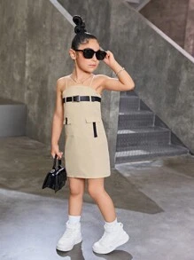 SHEIN Explorewe Vestido informal estilo fresco para niña joven, para primavera/verano - Caqui - Ver 5