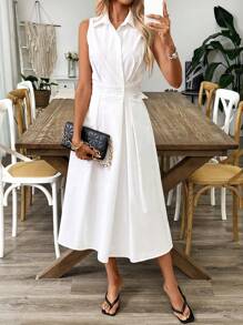 RosyDaze Vestido sin mangas de unicolor con bolsillo, elegante vestido maxi para mujer