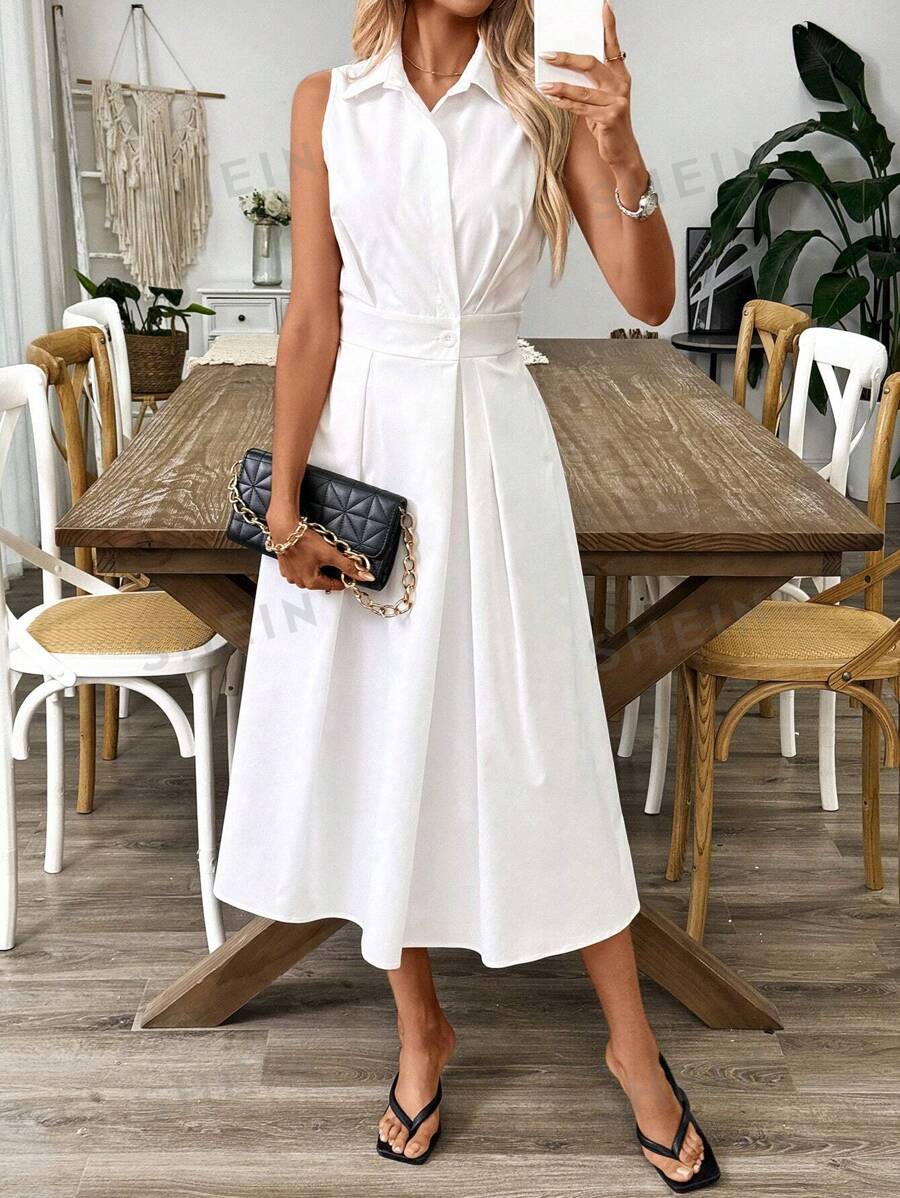 RosyDaze Vestido sin mangas de unicolor con bolsillo, elegante vestido maxi para mujer
