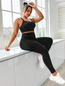 Gameset SHEIN Sport 大碼夏季純色高彈力運動裝 - 黑色 - 查看 8