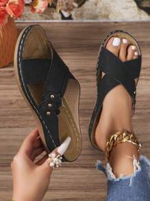Sandalias de verano para mujer con tacón de cuña grueso, suela antideslizante suave y nuevas del 2024, para uso al aire libre - Negro - Ver 2