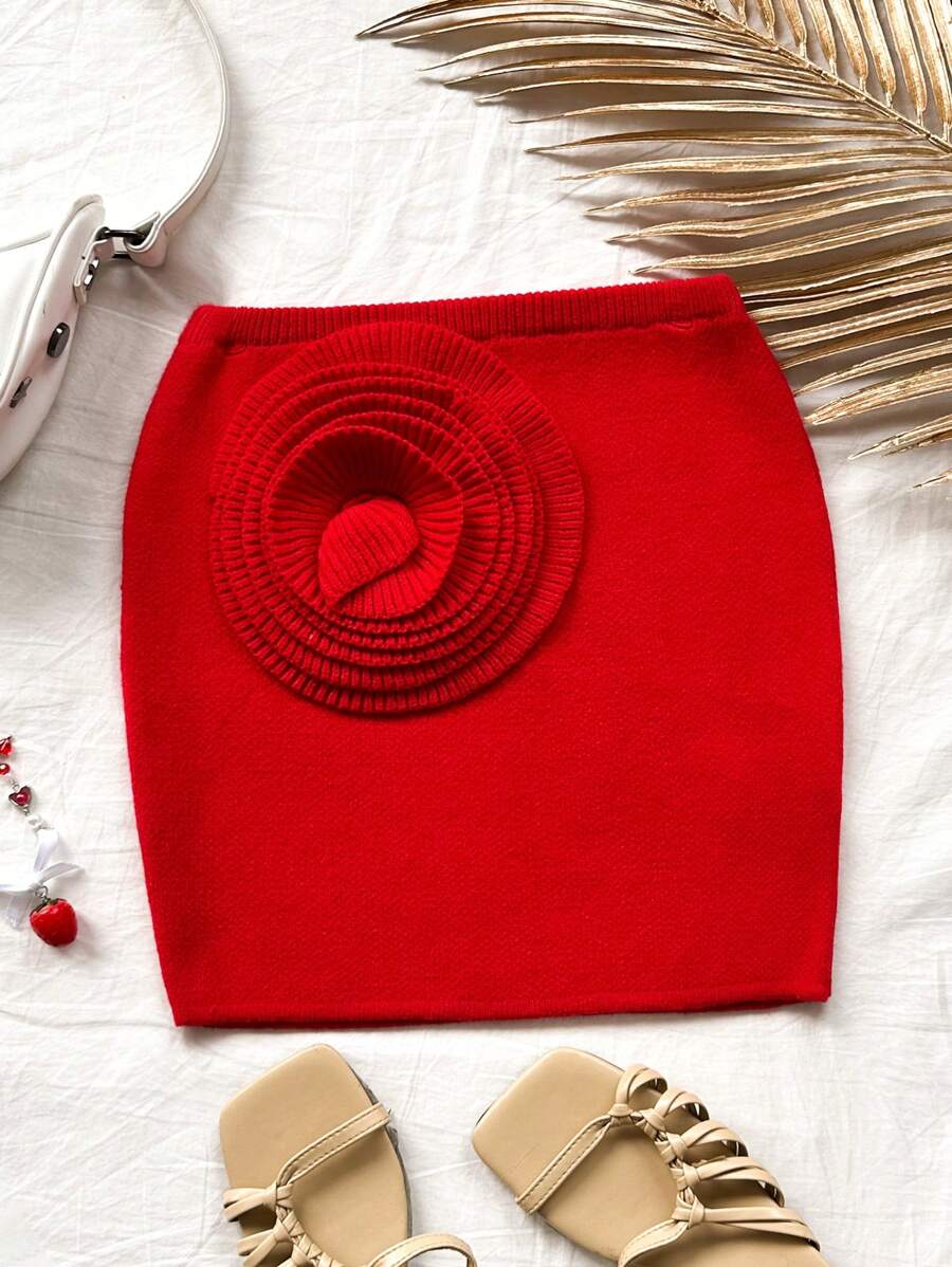 Soleia 假日三維大花低腰針織裙 - 紅色 - 查看 1