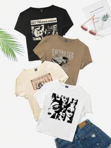 SHEIN EZwear 休闲圆领赛车人物吉他印花修身短袖女式 T 恤，适合夏季 - 彩色 - 查看 1