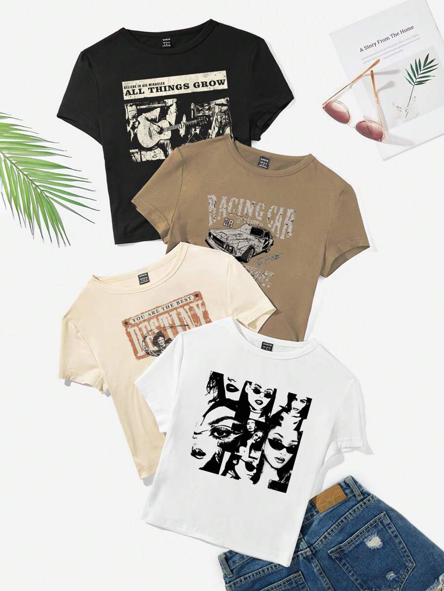 SHEIN EZwear 休闲圆领赛车人物吉他印花修身短袖女式 T 恤，适合夏季 - 彩色 - 查看 1