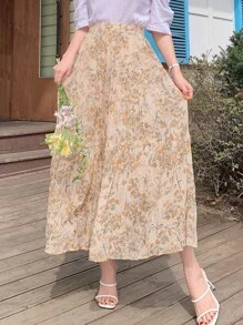 DAZY 女士休闲长款碎花裙，适合夏季穿着，荷叶边设计，适合度假穿着 - 杏色 - 查看 6