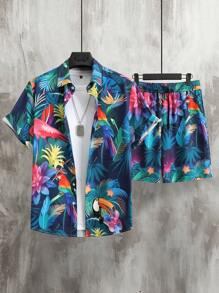 Manfinity RSRT Men's Allover Print Button-Down Short Sleeve Shirt And Drawstring Pocket Shorts Set, Summer Vacation Style, Cozy Outfits - Multicolor - View 3