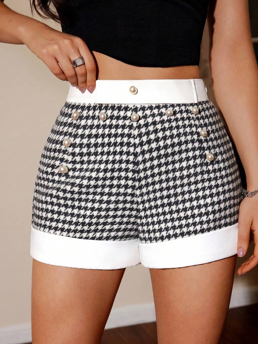 GENKIRA 时尚粗花呢拼布撞色珍珠纽扣腰部女式夏季短裤 - 淺灰色 - 查看 1