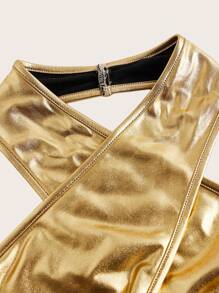 SHEIN ICON 大尺碼女性夏季純色金屬質感交叉領高領無袖上衣 - 金色 - 查看 3